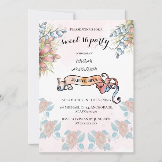 淡いピンクと天の川のバナーフローラ甘い16 BD 招待状 (正面)