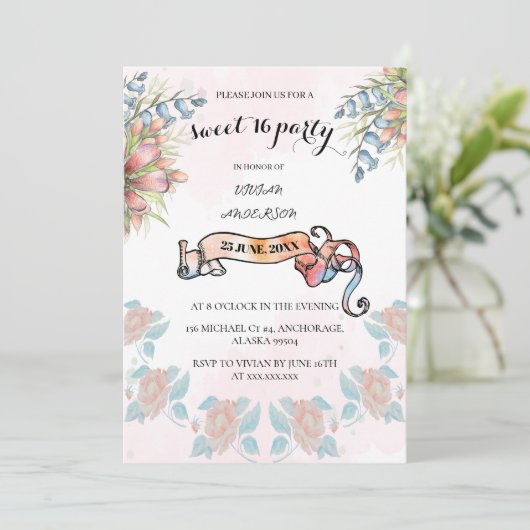 淡いピンクと天の川のバナーフローラ甘い16 BD 招待状 (スタンド正面)