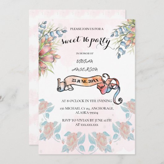 淡いピンクと天の川のバナーフローラ甘い16 BD 招待状 (正面/裏面)