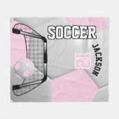淡いピンクと白のサッカーボールとDIY文字 フリースブランケット (正面(横))