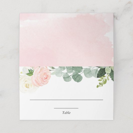 淡いピンクと白の花と緑のエレガント プレイスカード (外部開封)