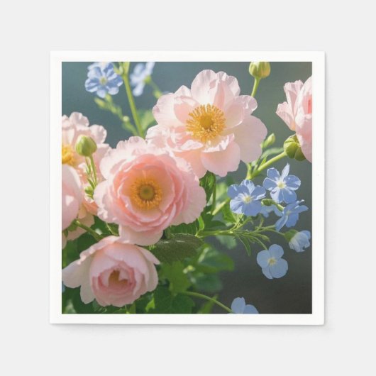 淡いピンクと青の繊細な花 スタンダードカクテルナプキン (正面)