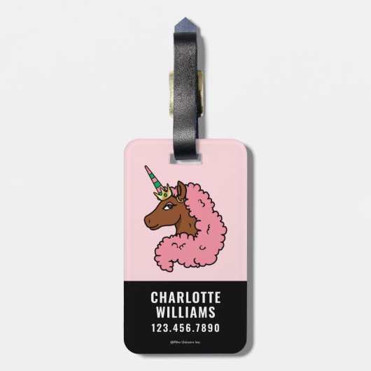 淡いピンクのアフロユニコーン ラゲッジタグ (裏面縦)