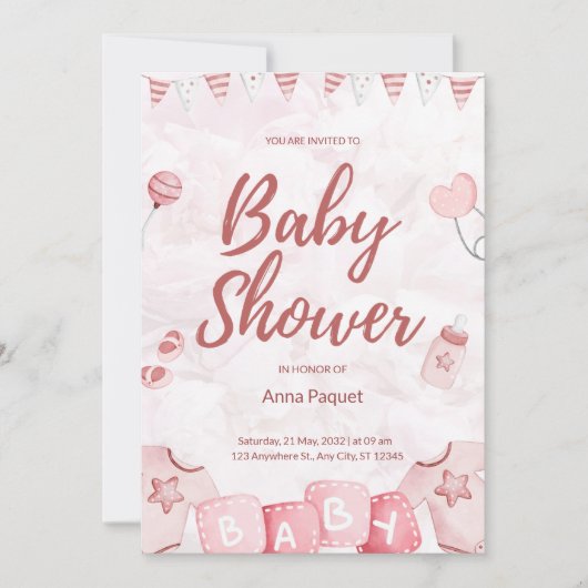 淡いピンクのイラスト 水彩 子供っぽい 現代的な 招待状 (正面)