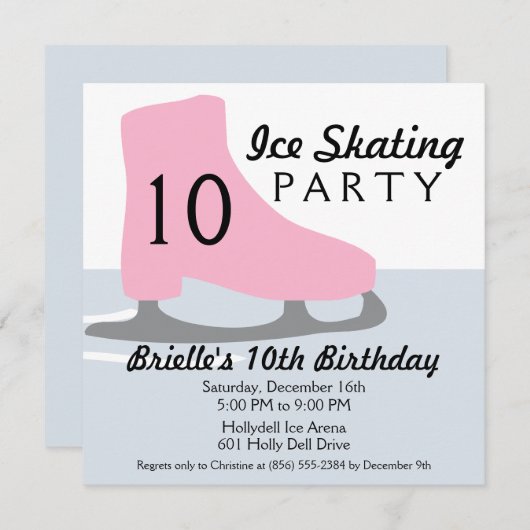 淡いピンクのスケートの日付のアイススケートの誕生会 招待状 (正面/裏面)