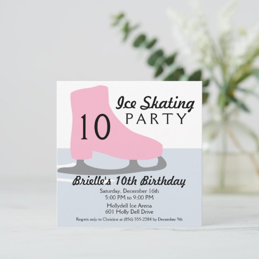 淡いピンクのスケートの日付のアイススケートの誕生会 招待状 (スタンド正面)