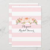 淡いピンクのストライプ水色フローラブライダルシャワー 招待状 (正面/裏面)