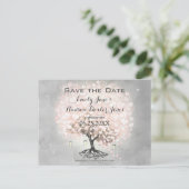 淡いピンクのハートの葉の木の結婚式 案内ポストカード (スタンド正面)