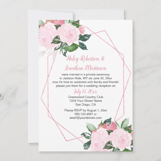 淡いピンクのバラの幾何学的なデザインの受付のみの招待状 招待状 (正面)