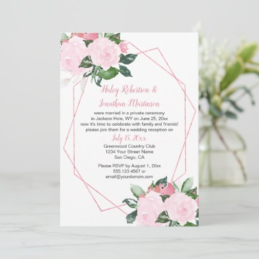 淡いピンクのバラの幾何学的なデザインの受付のみの招待状 招待状 (スタンド正面)