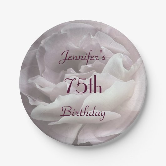 淡いピンクのバラの紙皿、第75誕生会 ペーパープレート (正面)