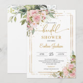 淡いピンクのバラの花が、ゴールドの幾何学模様にほんのりと色づく 招待状 (正面/裏面)