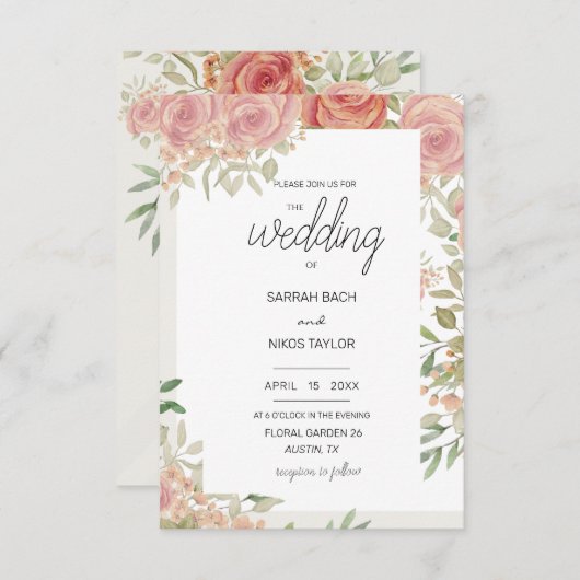 淡いピンクのバラの茂み 水彩アート 招待状 (正面/裏面)