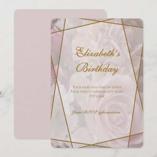淡いピンクのバラの誕生日招待状カード サンキューカード (正面/裏面)