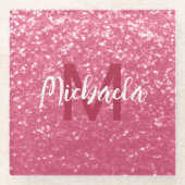 淡いピンクのバラフェイクスパークルグリッターモノグラム ガラスコースター (正面)