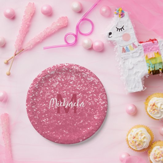淡いピンクのバラフェイクスパークルグリッターモノグラム ペーパープレート (パーティー)