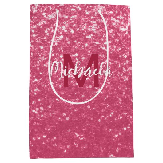 淡いピンクのバラフェイクスパークルグリッターモノグラム ミディアムペーパーバッグ (正面)