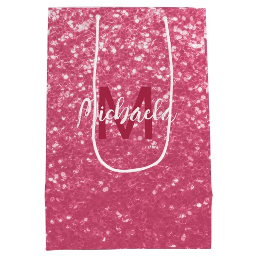 淡いピンクのバラフェイクスパークルグリッターモノグラム ミディアムペーパーバッグ (裏面)