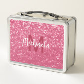淡いピンクのバラフェイクスパークルグリッターモノグラム メタルランチボックス (裏面)