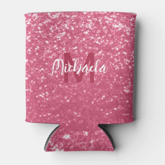 淡いピンクのバラフェイクスパークルグリッターモノグラム 缶クーラー (正面)