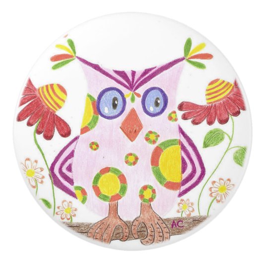 淡いピンクのフクロウの子供部屋部屋の陶磁器のノブ セラミックノブ (正面)