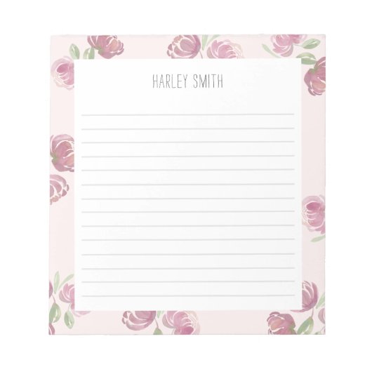 淡いピンクのフローラライン付きメモ帳 ノートパッド (正面)