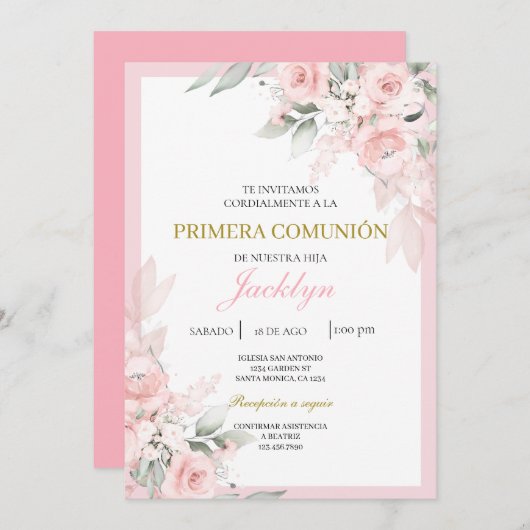 淡いピンクのフローラ最初の通信 招待状 (正面/裏面)