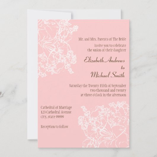 淡いピンクのフローラ結婚式招待状 招待状 (正面)