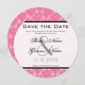 淡いピンクのホットピンクのダマスク結婚式のSave the Date 招待状 (正面/裏面)