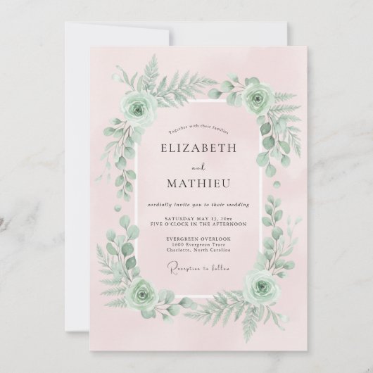 淡いピンクのボタニカル ウェディング 招待状 (正面)