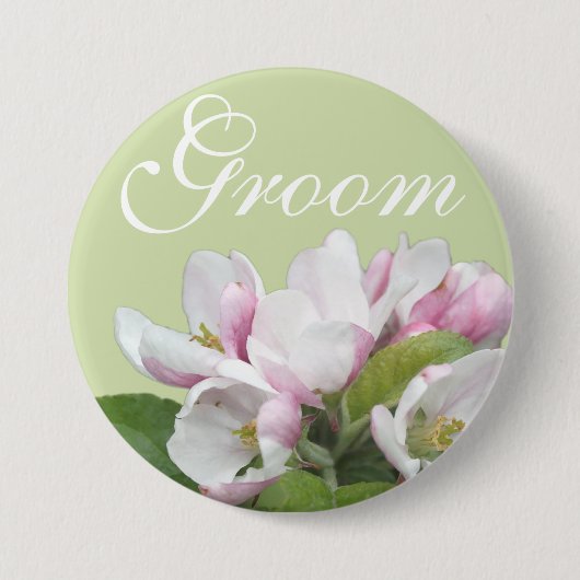 淡いピンクのリンゴの花結婚の花婿 缶バッジ (正面)