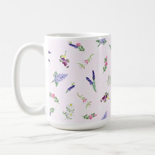 淡いピンクのレース調テクスチャに水彩の花 コーヒーマグカップ (左)