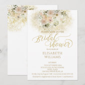淡いピンクのロマンチックな花のゴールドのカリグラフィー 招待状 (正面/裏面)
