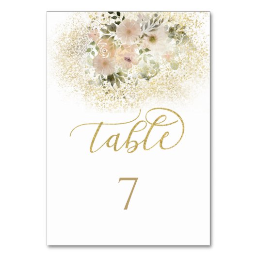 淡いピンクのロマンチックな花モチーフのゴールドのカリグラフィー テーブルナンバー (正面)