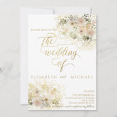 淡いピンクのロマンチックな花モチーフのゴールドのカリグラフィー 招待状 (正面)