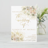 淡いピンクのロマンチックな花モチーフのゴールドのカリグラフィー 招待状 (スタンド正面)