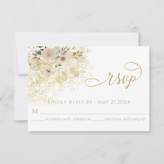 淡いピンクのロマンチックな花モチーフのゴールドカリグラフィー 出欠カード (正面)