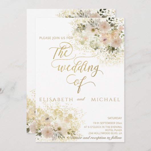 淡いピンクのロマンチックな花モチーフのゴールドカリグラフィー 招待状 (正面/裏面)
