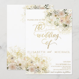 淡いピンクのロマンチックな花モチーフのゴールドカリグラフィー 招待状