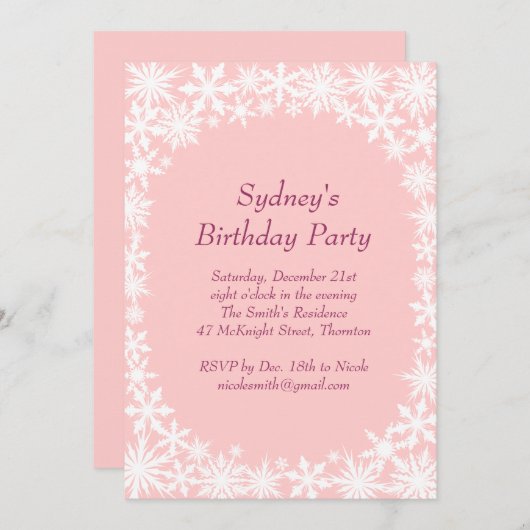 淡いピンクの冬のレースの誕生日のパーティの招待状- 招待状 (正面/裏面)