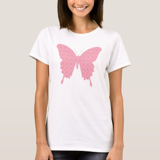 淡いピンクの壁紙プリントの蝶 Tシャツ (正面)