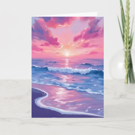 淡いピンクの夕焼けの波の水彩カード カード (正面)