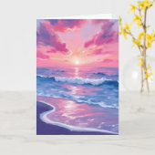 淡いピンクの夕焼けの波の水彩カード カード (黄色い花)