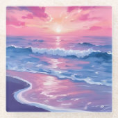 淡いピンクの夕焼けの波の水彩画 ガラスコースター (正面)