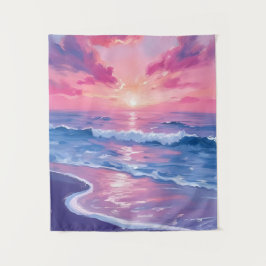 淡いピンクの夕焼けの波の水彩画 タペストリー