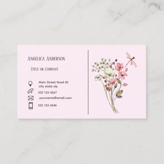 淡いピンクの女性の水色ワイルドフラワーメドウ 名刺 (裏面)