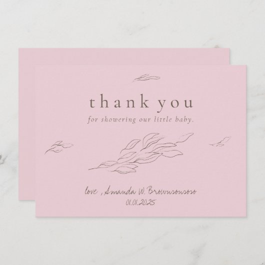 淡いピンクの感謝を表す手描きの葉のエレガント サンキューカード (正面/裏面)