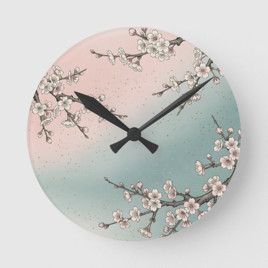 淡いピンクの桜の花と枝 ラウンド壁時計 (正面)