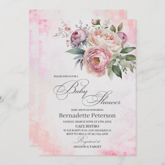淡いピンクの水の色の花ベビーシャワー 招待状 (正面/裏面)