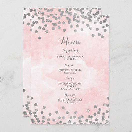 淡いピンクの水彩画の銀の紙吹雪の結婚式メニュー メニュー (正面/裏面)